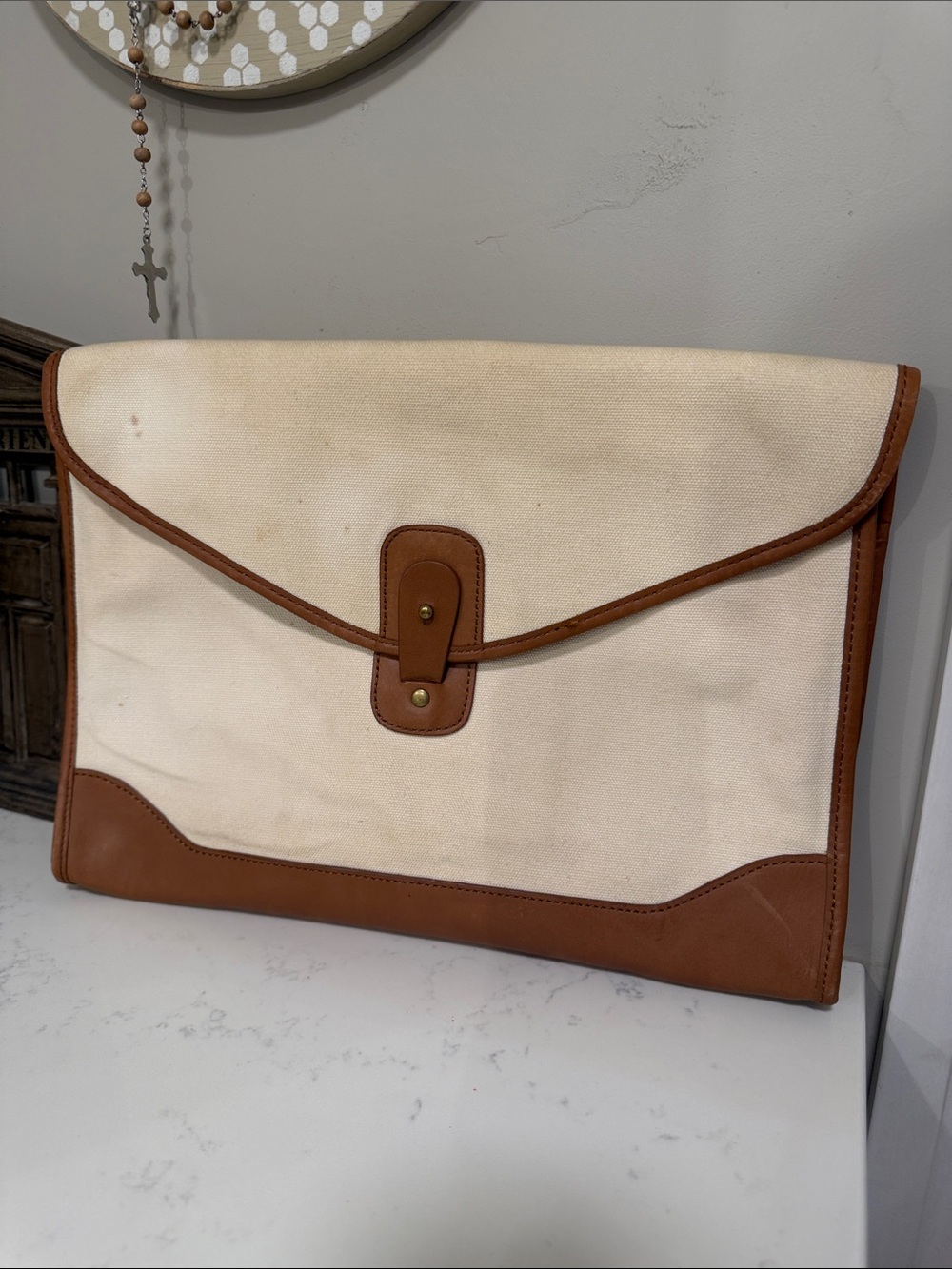 Club Monaco Canvas and Brown Leather Envelope Clutch - Neutral
